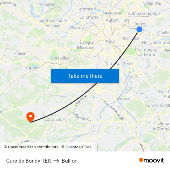 Gare de Bondy RER to Bullion map