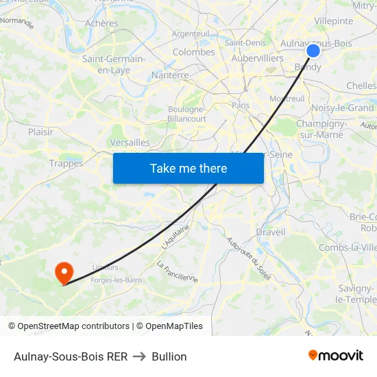 Aulnay-Sous-Bois RER to Bullion map