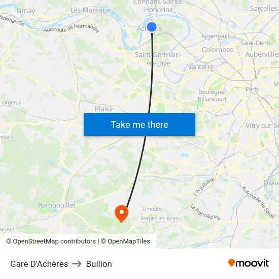 Gare D'Achères to Bullion map