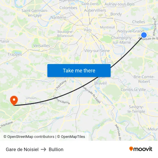 Gare de Noisiel to Bullion map