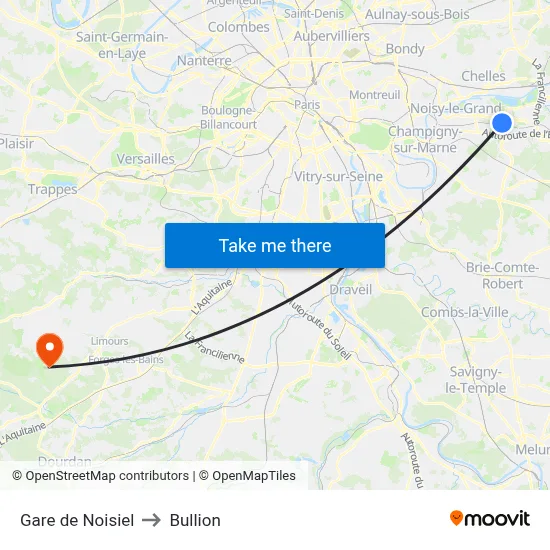 Gare de Noisiel to Bullion map