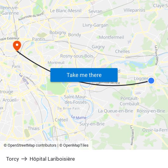 Torcy to Hôpital Lariboisière map