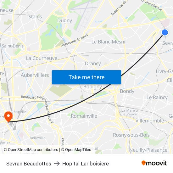 Sevran Beaudottes to Hôpital Lariboisière map