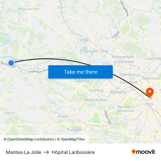 Mantes-La-Jolie to Hôpital Lariboisière map