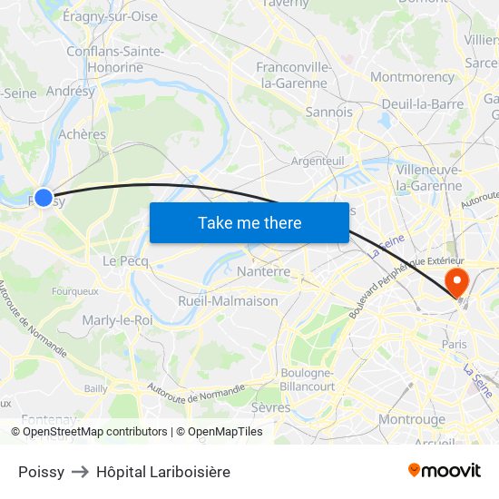 Poissy to Hôpital Lariboisière map