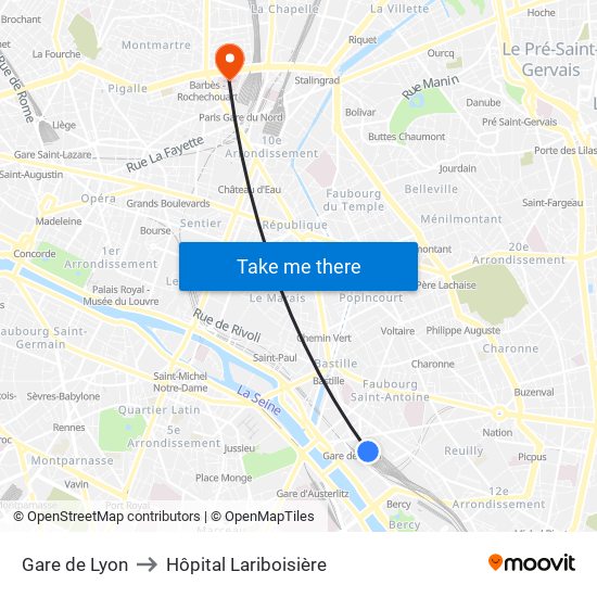 Gare de Lyon to Hôpital Lariboisière map