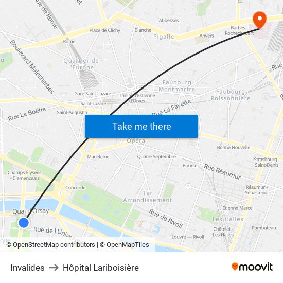 Invalides to Hôpital Lariboisière map