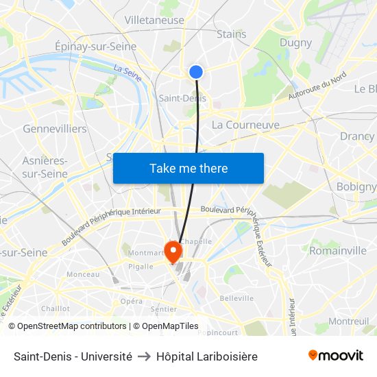 Saint-Denis - Université to Hôpital Lariboisière map