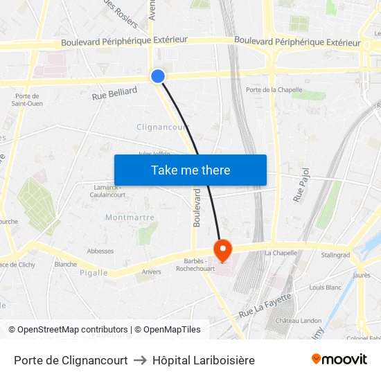 Porte de Clignancourt to Hôpital Lariboisière map