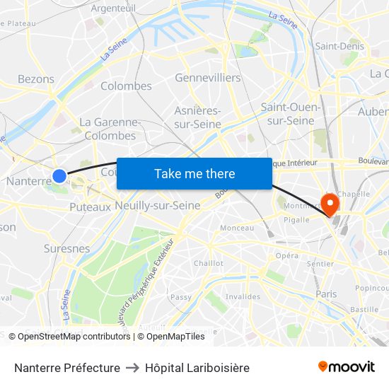 Nanterre Préfecture to Hôpital Lariboisière map