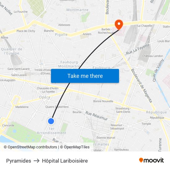 Pyramides to Hôpital Lariboisière map