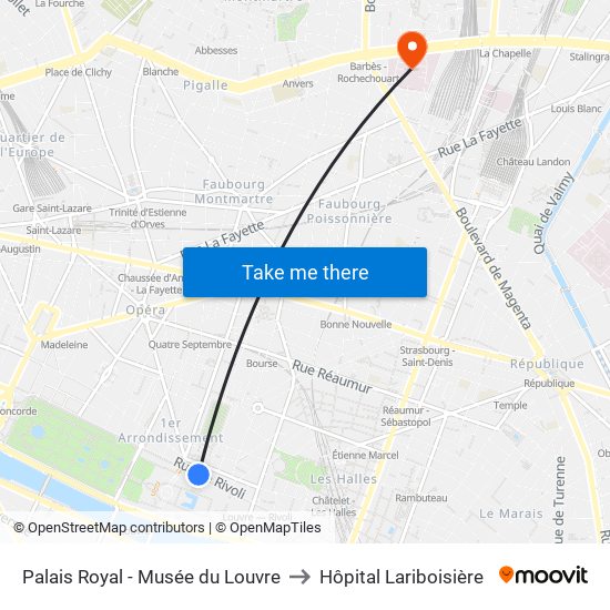 Palais Royal - Musée du Louvre to Hôpital Lariboisière map