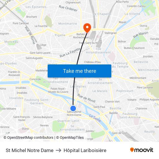 St Michel Notre Dame to Hôpital Lariboisière map