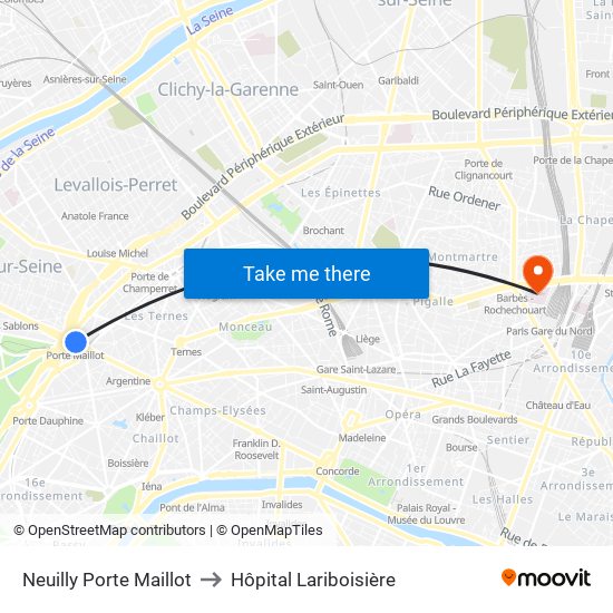 Neuilly Porte Maillot to Hôpital Lariboisière map