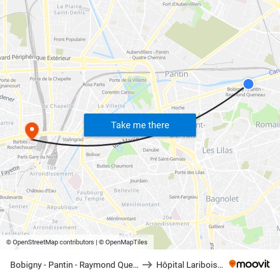 Bobigny - Pantin - Raymond Queneau to Hôpital Lariboisière map
