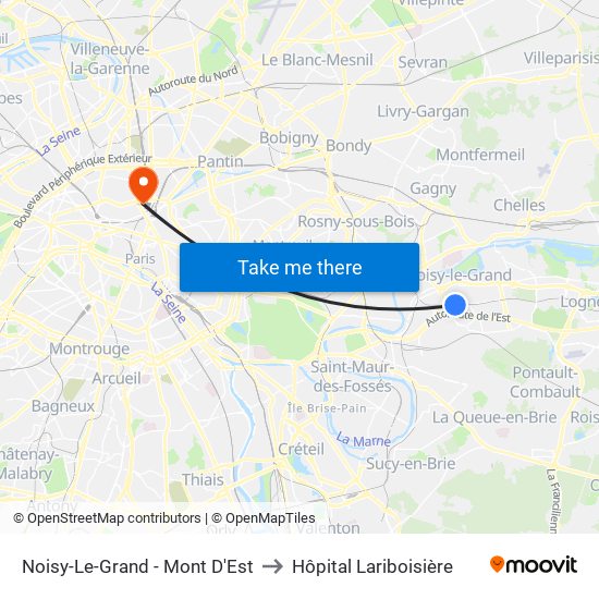 Noisy-Le-Grand - Mont D'Est to Hôpital Lariboisière map