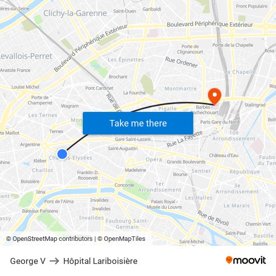 George V to Hôpital Lariboisière map