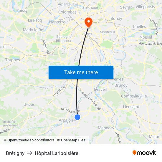 Brétigny to Hôpital Lariboisière map