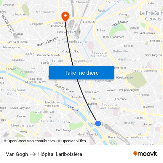 Van Gogh to Hôpital Lariboisière map
