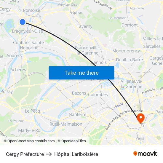 Cergy Préfecture to Hôpital Lariboisière map