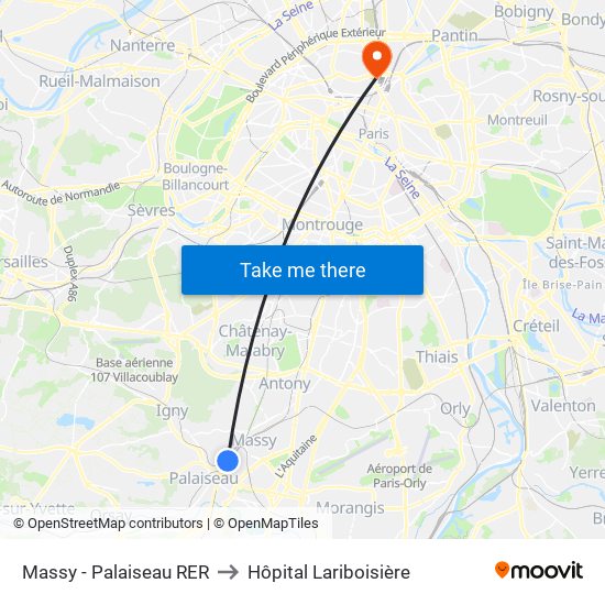 Massy - Palaiseau RER to Hôpital Lariboisière map