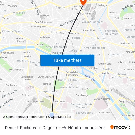 Denfert-Rochereau - Daguerre to Hôpital Lariboisière map