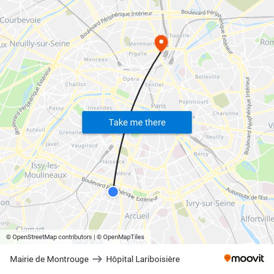 Mairie de Montrouge to Hôpital Lariboisière map