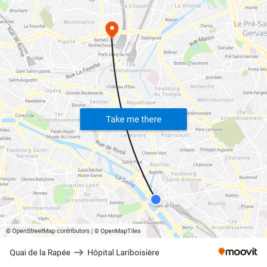 Quai de la Rapée to Hôpital Lariboisière map
