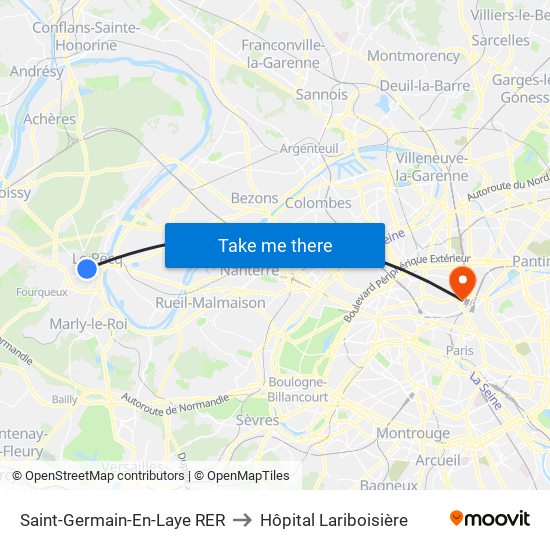 Saint-Germain-En-Laye RER to Hôpital Lariboisière map