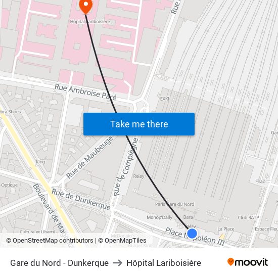 Gare du Nord - Dunkerque to Hôpital Lariboisière map