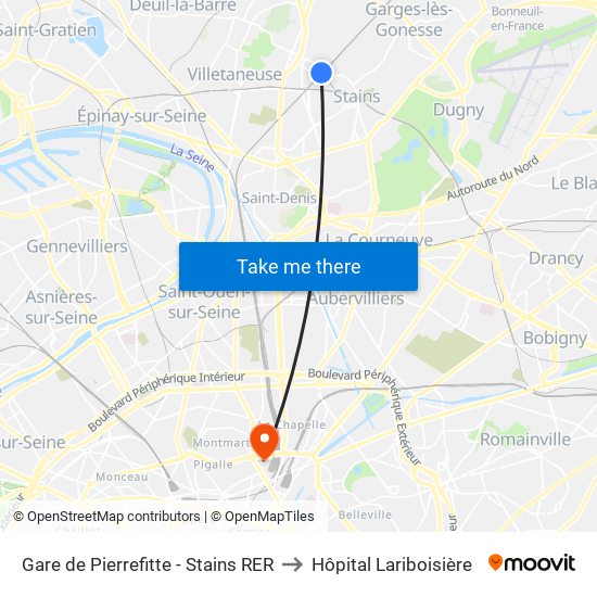 Gare de Pierrefitte - Stains RER to Hôpital Lariboisière map