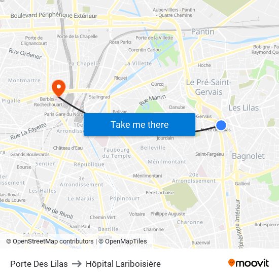 Porte Des Lilas to Hôpital Lariboisière map