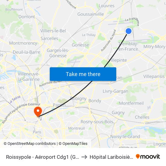Roissypole - Aéroport Cdg1 (G1) to Hôpital Lariboisière map