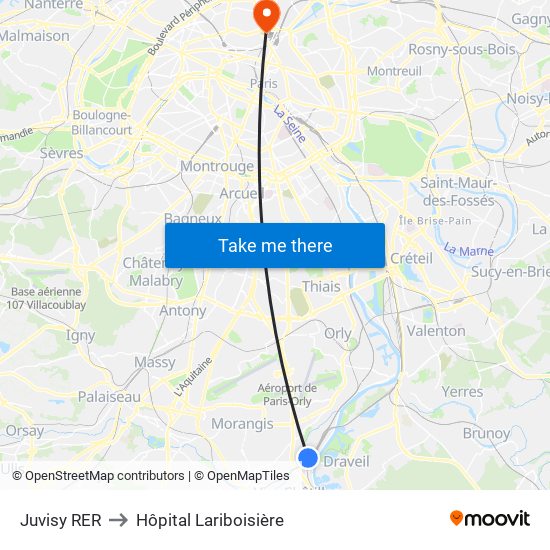 Juvisy RER to Hôpital Lariboisière map