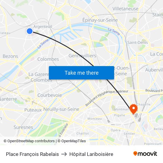 Place François Rabelais to Hôpital Lariboisière map