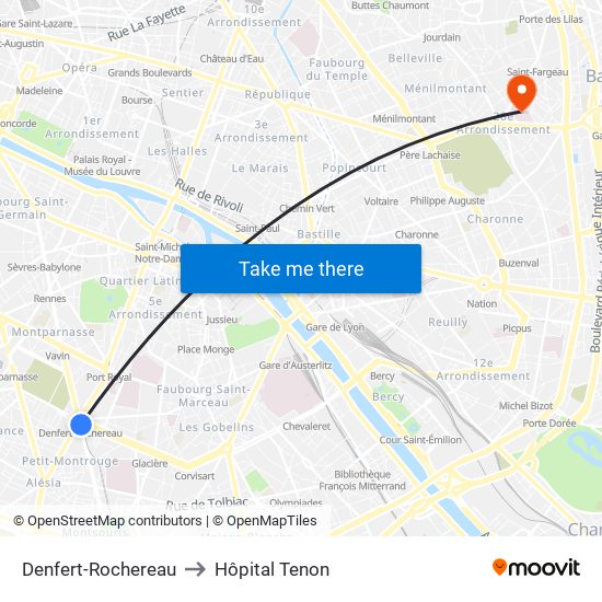 Denfert-Rochereau to Hôpital Tenon map