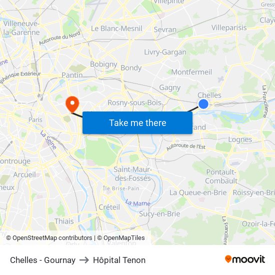 Chelles - Gournay to Hôpital Tenon map