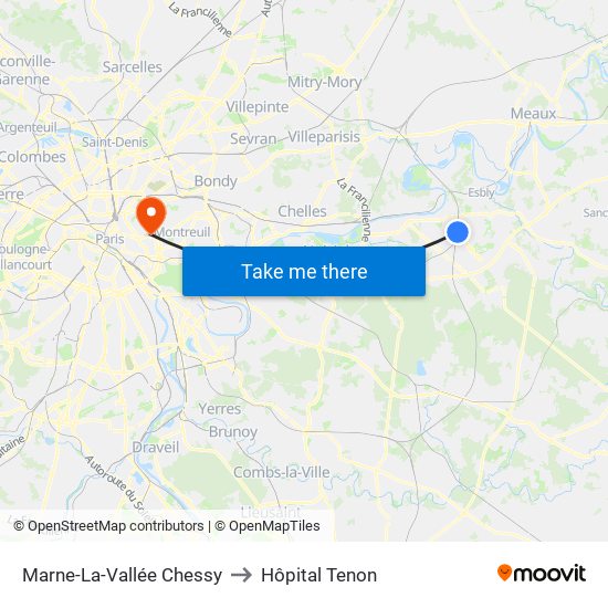 Marne-La-Vallée Chessy to Hôpital Tenon map