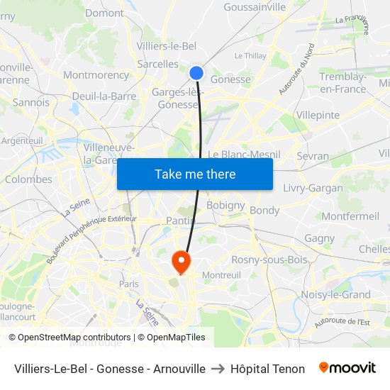Villiers-Le-Bel - Gonesse - Arnouville to Hôpital Tenon map