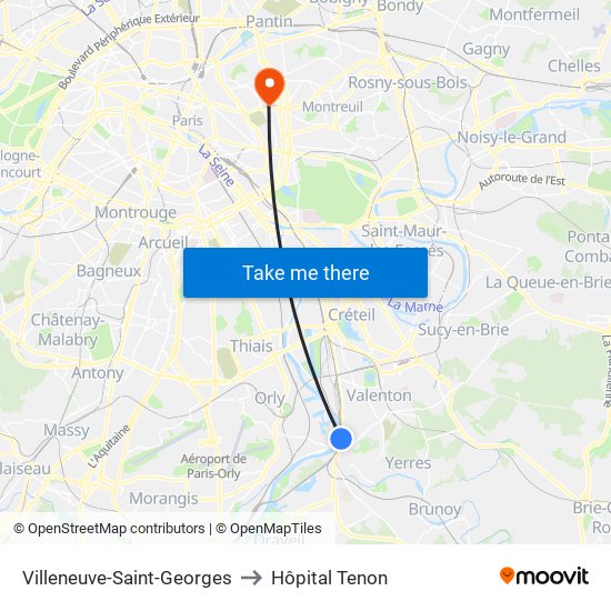Villeneuve-Saint-Georges to Hôpital Tenon map
