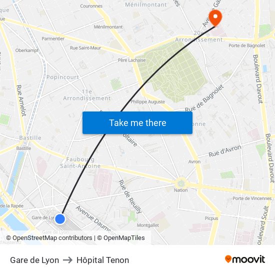 Gare de Lyon to Hôpital Tenon map