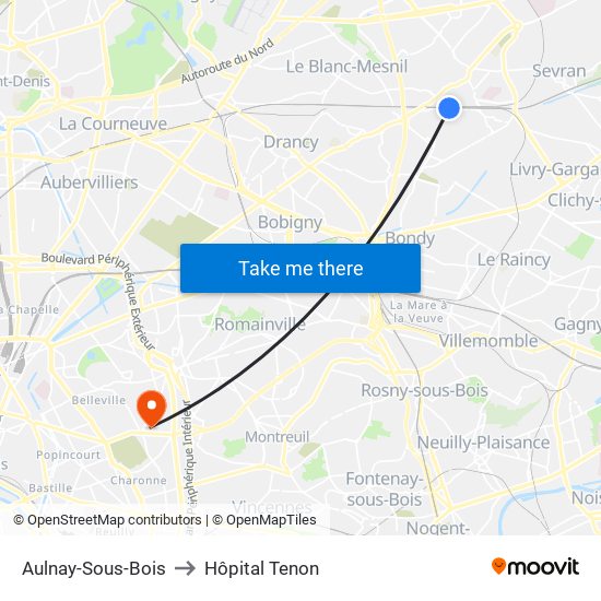 Aulnay-Sous-Bois to Hôpital Tenon map