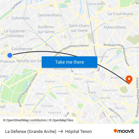La Défense (Grande Arche) to Hôpital Tenon map