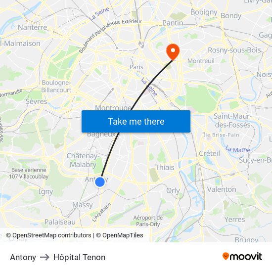 Antony to Hôpital Tenon map