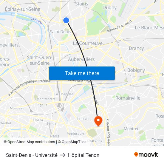 Saint-Denis - Université to Hôpital Tenon map