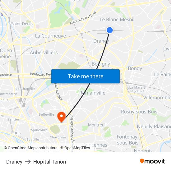 Drancy to Hôpital Tenon map