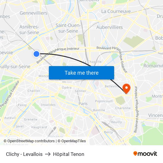 Clichy - Levallois to Hôpital Tenon map