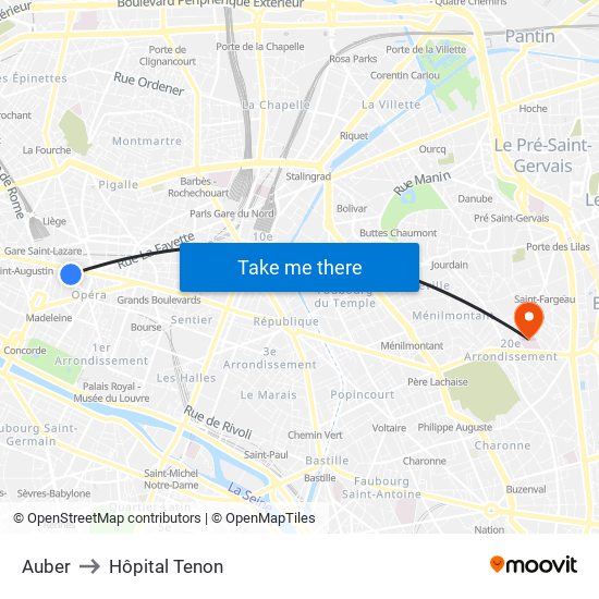 Auber to Hôpital Tenon map