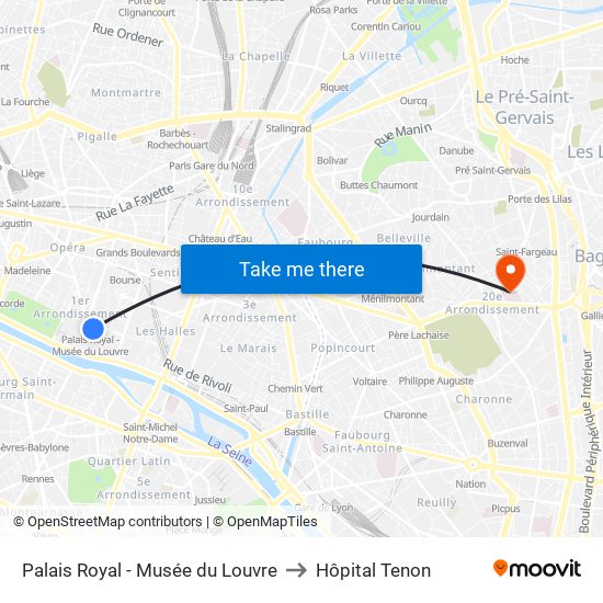 Palais Royal - Musée du Louvre to Hôpital Tenon map