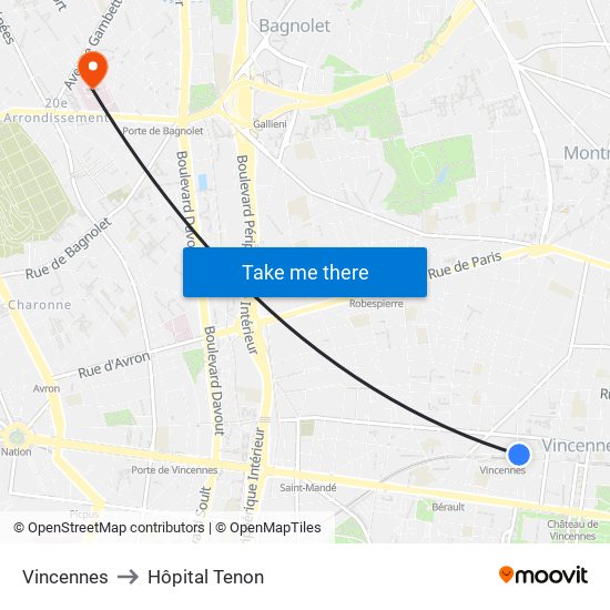 Vincennes to Hôpital Tenon map